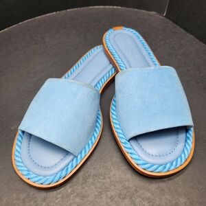 Lafayette 148 Sandals 7 Light Blue Suede Leather Woven Slides Made In Italy